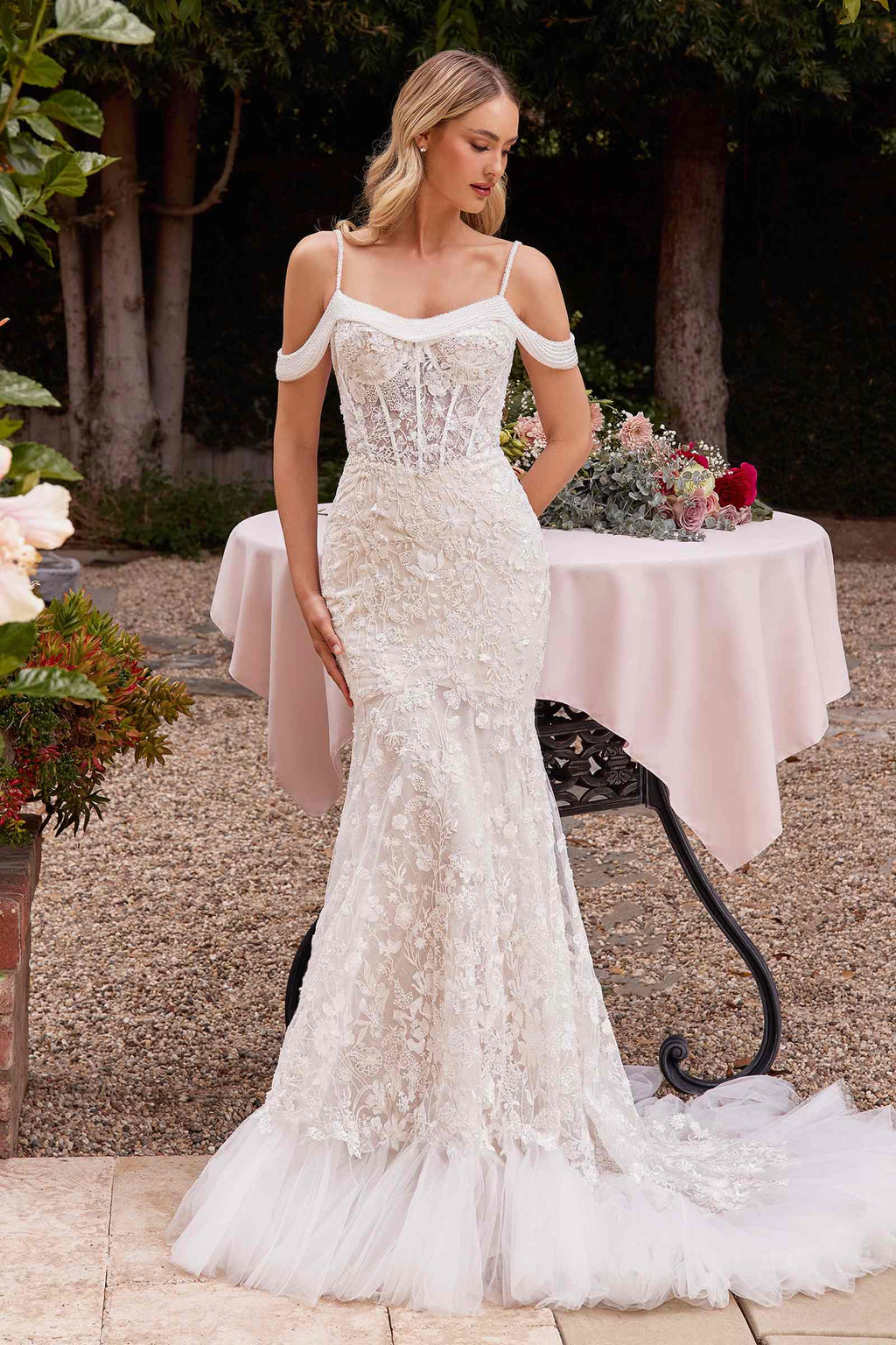 Off-white off-shoulder lace fitted bridal gown with lace cap sleeves and mermaid skirt