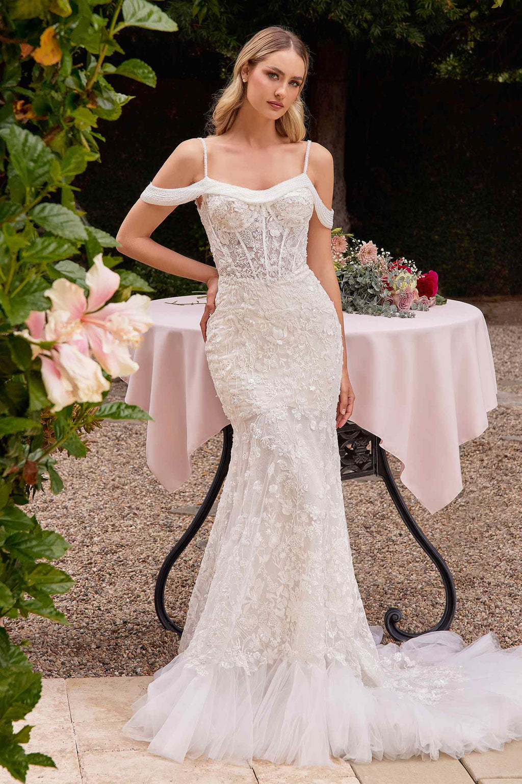 Off-white off-shoulder lace fitted bridal gown with lace cap sleeves