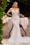 Off-white off-shoulder lace fitted bridal gown with lace cap sleeves