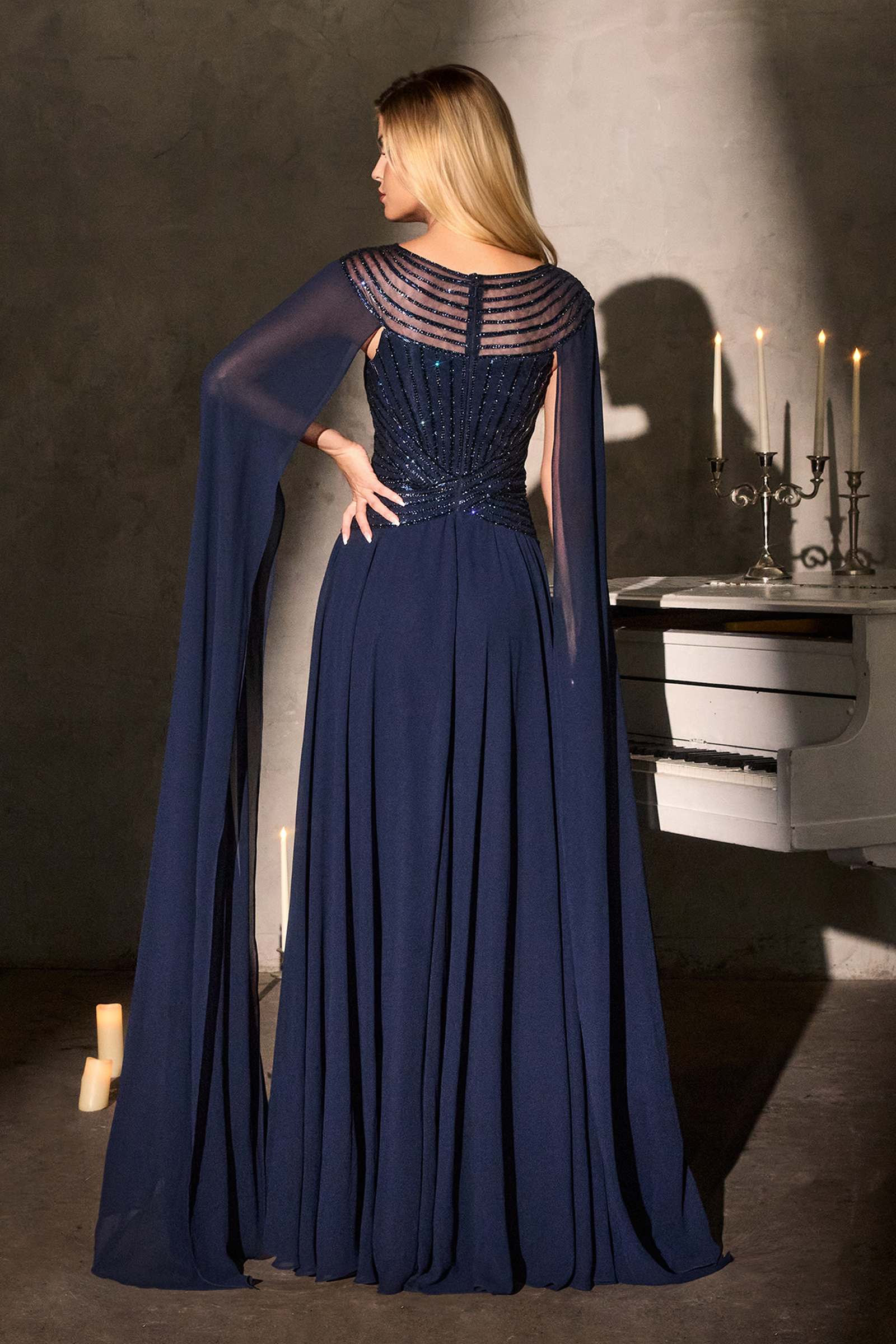 Navy A-line evening gown with embroidered bodice and long sheer cape back