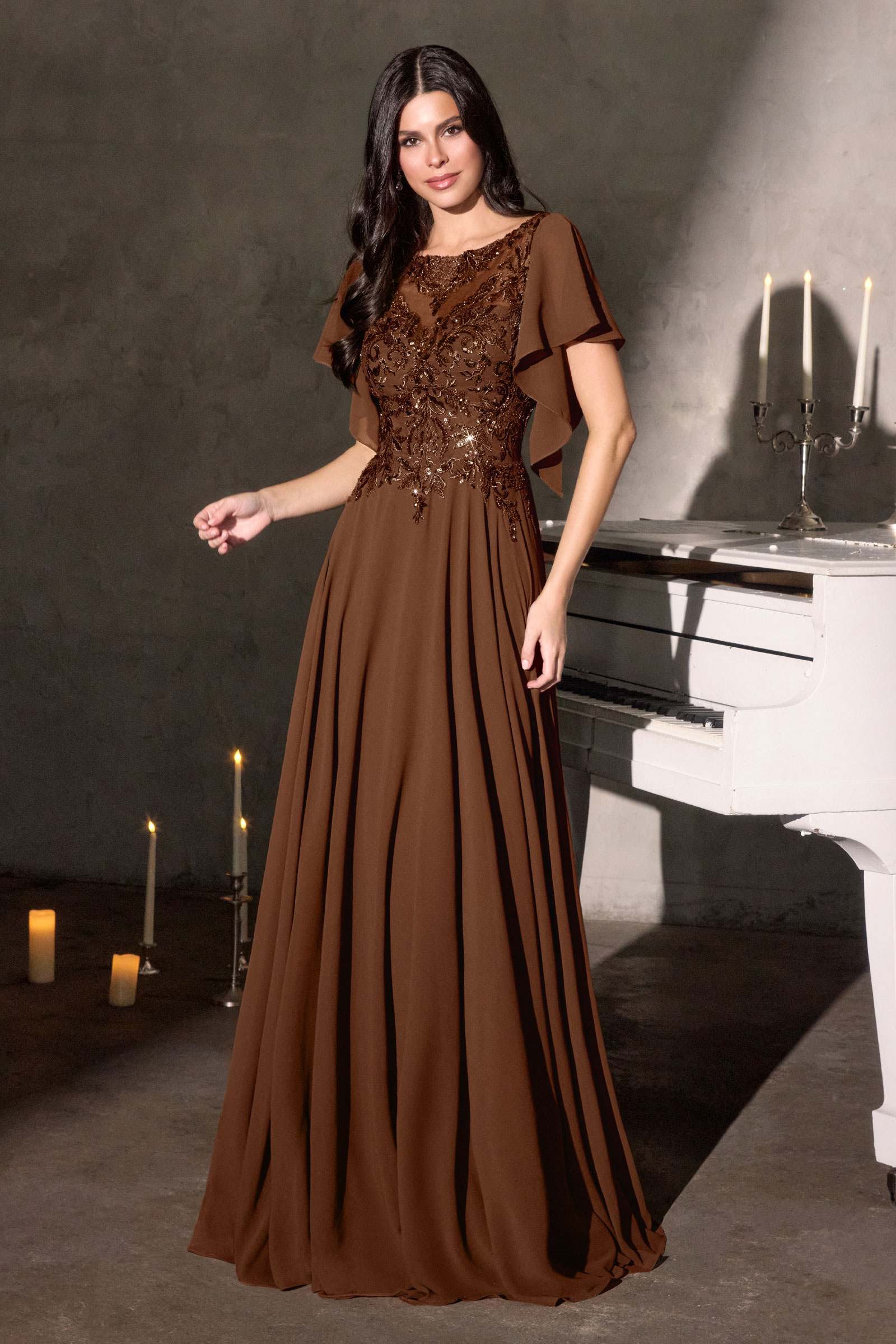 Brown chiffon A-line gown with illusion neckline, flutter sleeves, and sequin bodice