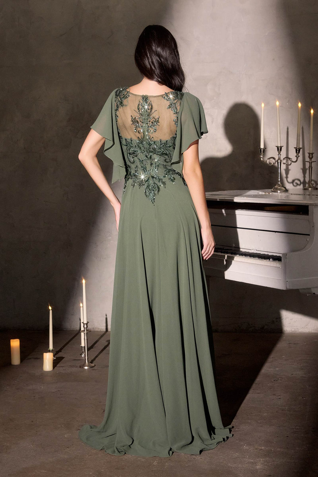 Olive green chiffon A-line gown with flutter sleeves and sequin back yoke