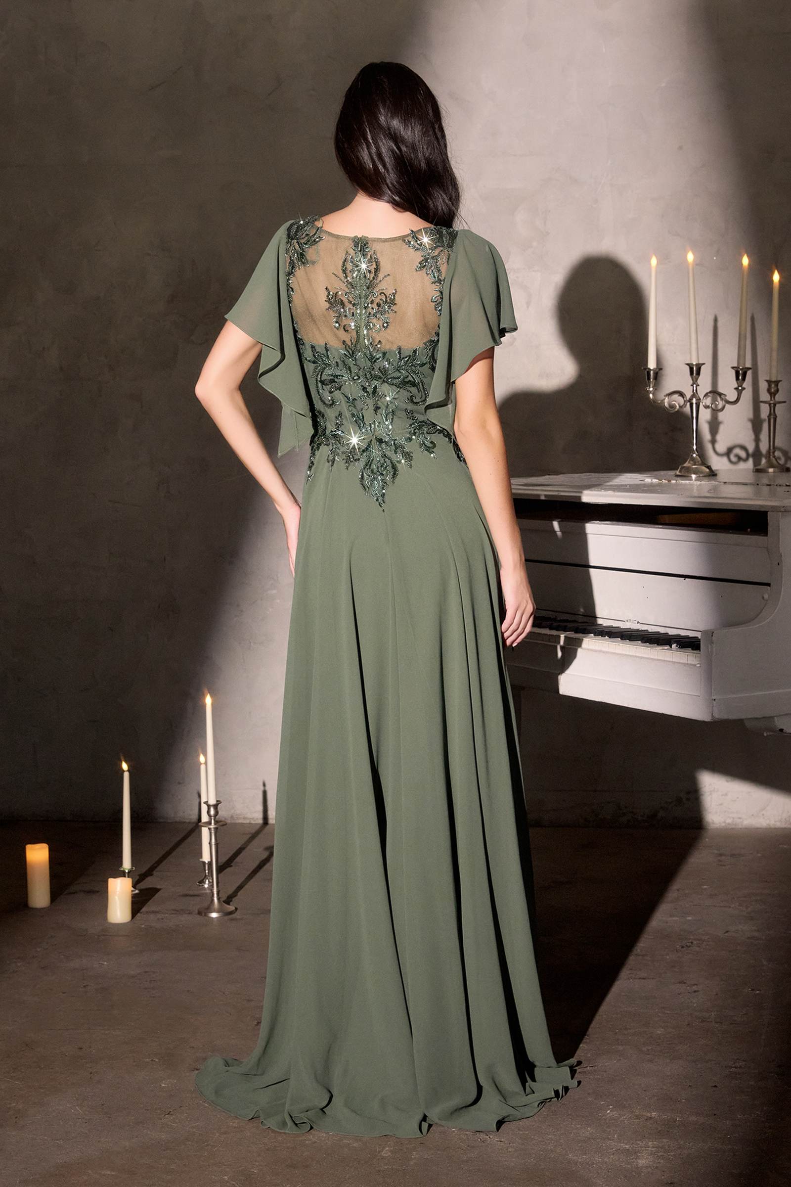 Olive green chiffon A-line gown with flutter sleeves and sequin back yoke