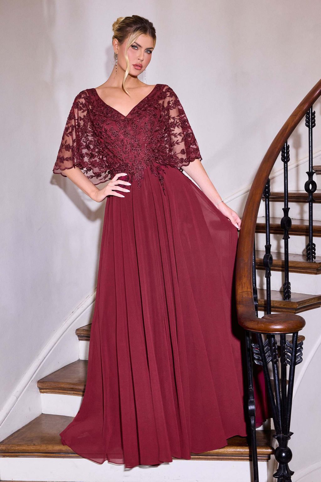 Burgundy V-neck lace bodice A-line gown with sheer embroidered sleeves and pleated skirt