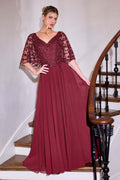 Burgundy V-neck lace bodice A-line gown with sheer embroidered sleeves and pleated skirt