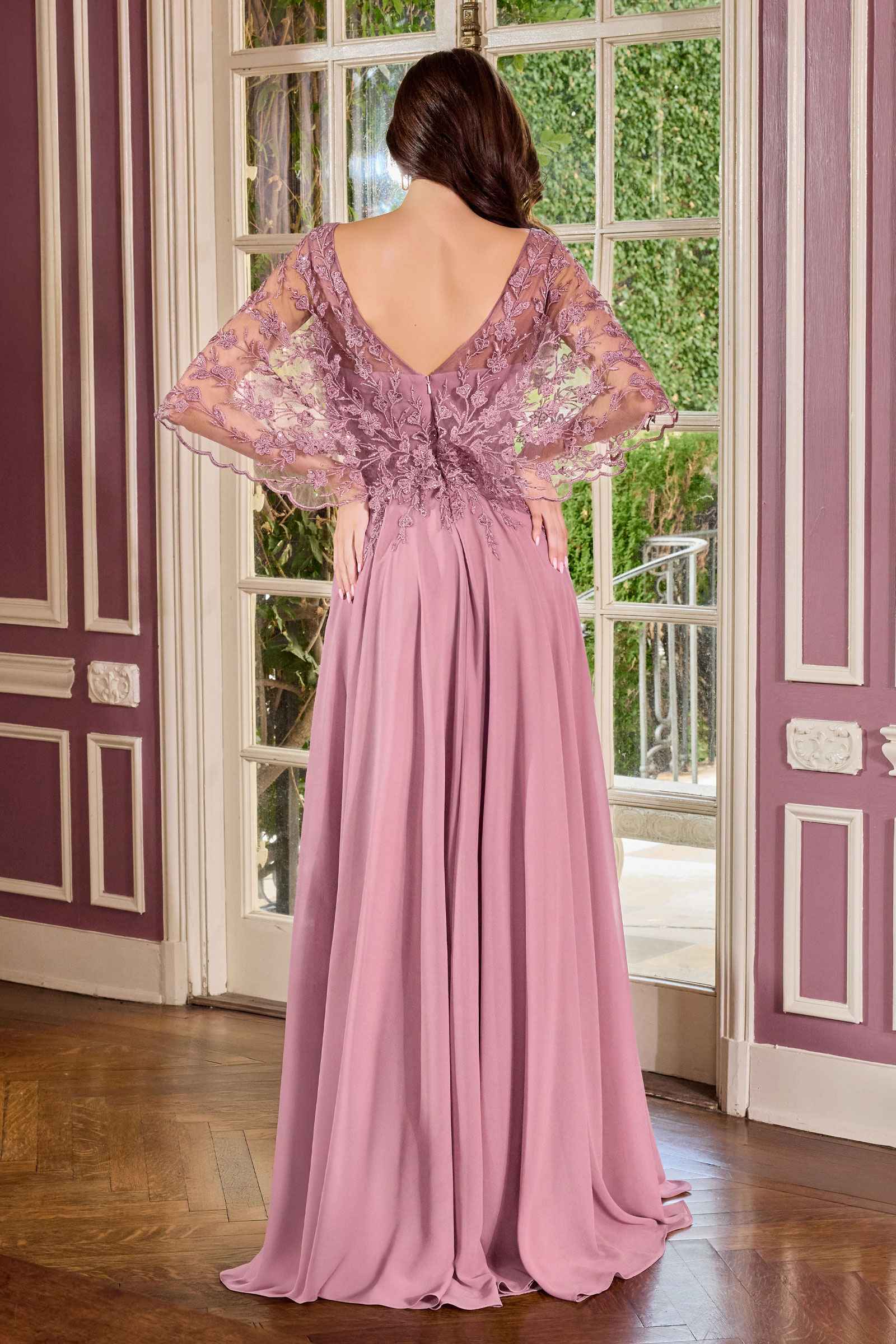 Mauve V-neck lace bodice A-line gown with sheer quarter sleeves and flowing skirt