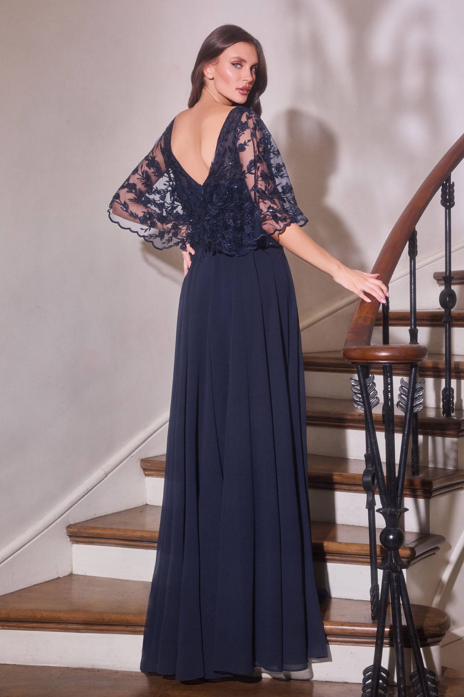 Navy V-neck lace bodice A-line gown with embroidered cape sleeves and floor-length skirt
