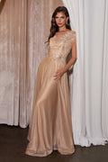 Gold beaded cap-sleeve A-line formal dress with sweetheart neckline and flowing skirt