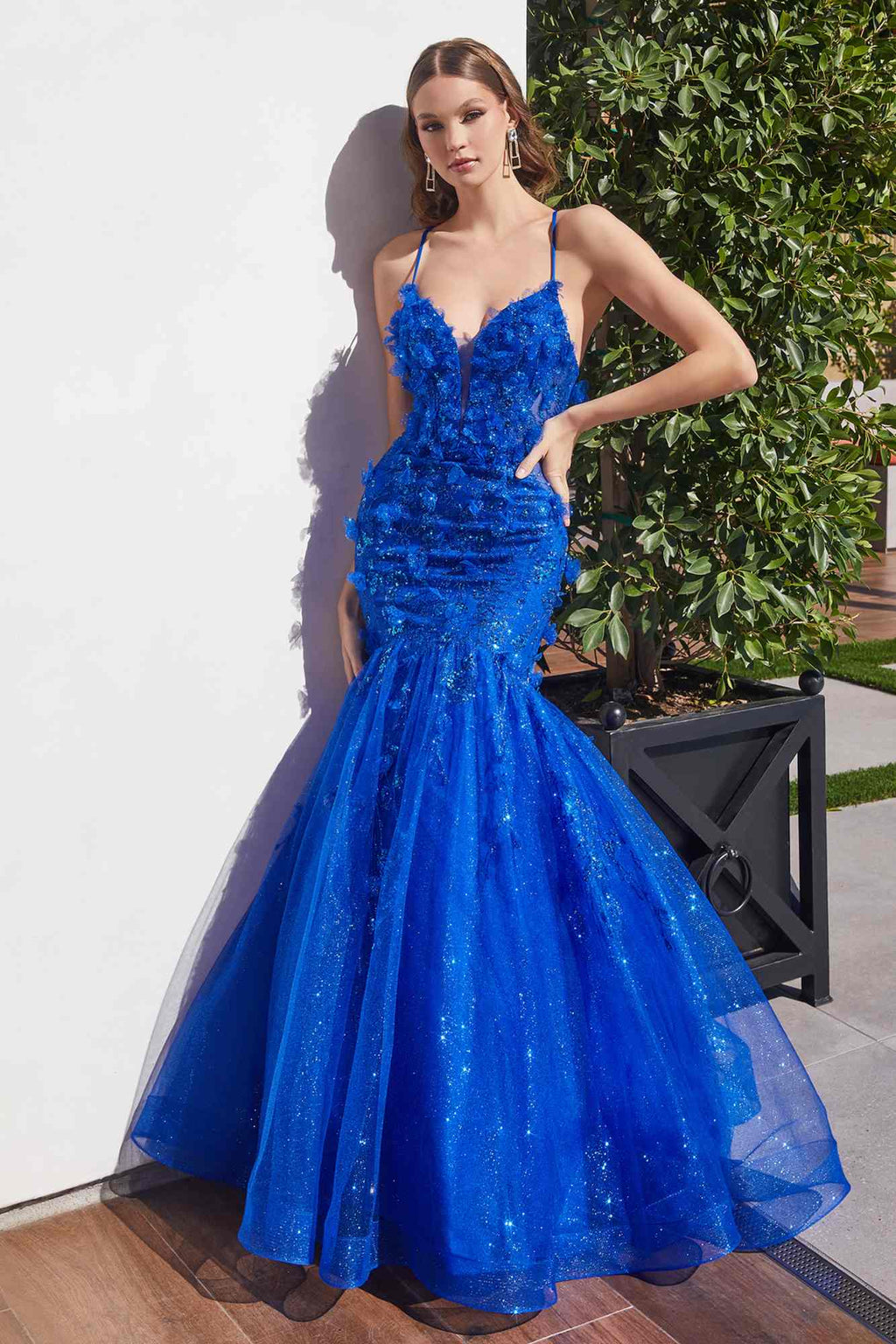 Royal blue mermaid gown with floral applique, beaded bodice, fitted long tulle skirt