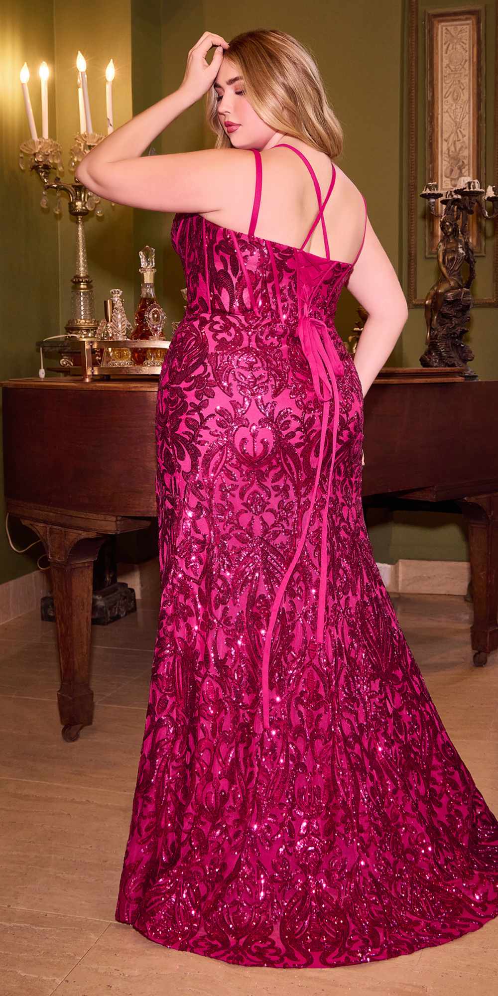 Magenta sequin fitted gown, corset back with lace-up straps, thigh-high slit