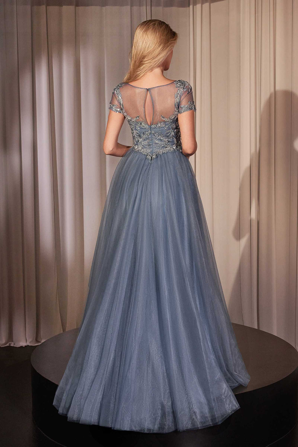 Embellished lace layered tulle ball gown, smokey blue, open back and short sleeves