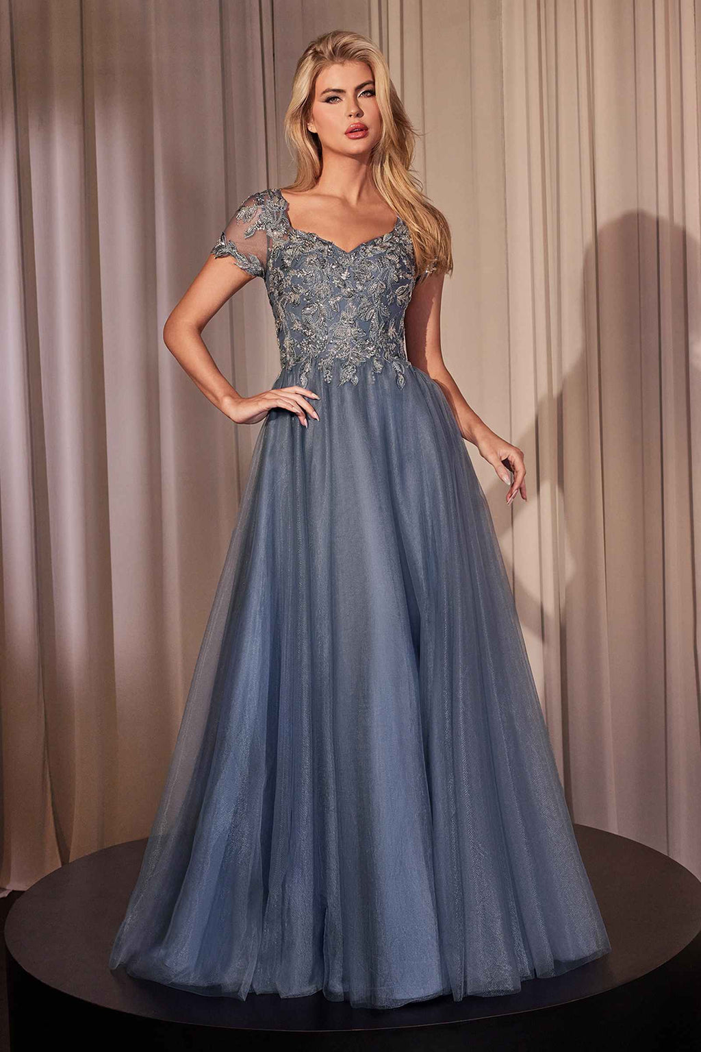 Embellished lace layered tulle ball gown in smokey blue with short sleeves