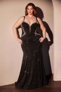 Black glitter sequin fitted gown, sweetheart neckline, thin straps, mermaid hem