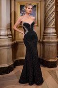 Black strapless fitted evening gown with sweetheart neckline and crystal sparkle