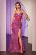 Fuchsia sequin prom dress with corset bodice, spaghetti straps, front slit