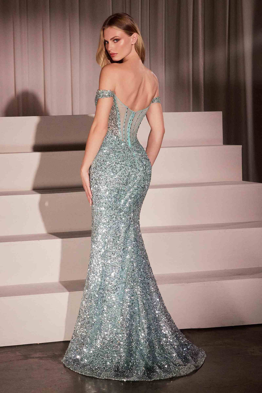 Sea mist sequin off-shoulder fitted gown, mermaid silhouette, side slit