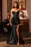 Black strapless satin corset prom gown with sweetheart neckline and thigh-high slit