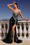 Crystal-embellished satin bodycon dress with thin straps and thigh-high slit, dark.