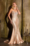 Champagne sequin halter fitted gown with crystal bodice and mermaid-style skirt