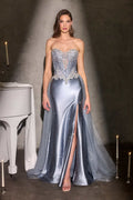Dusty blue strapless corset gown with sparkling beading and fitted satin skirt