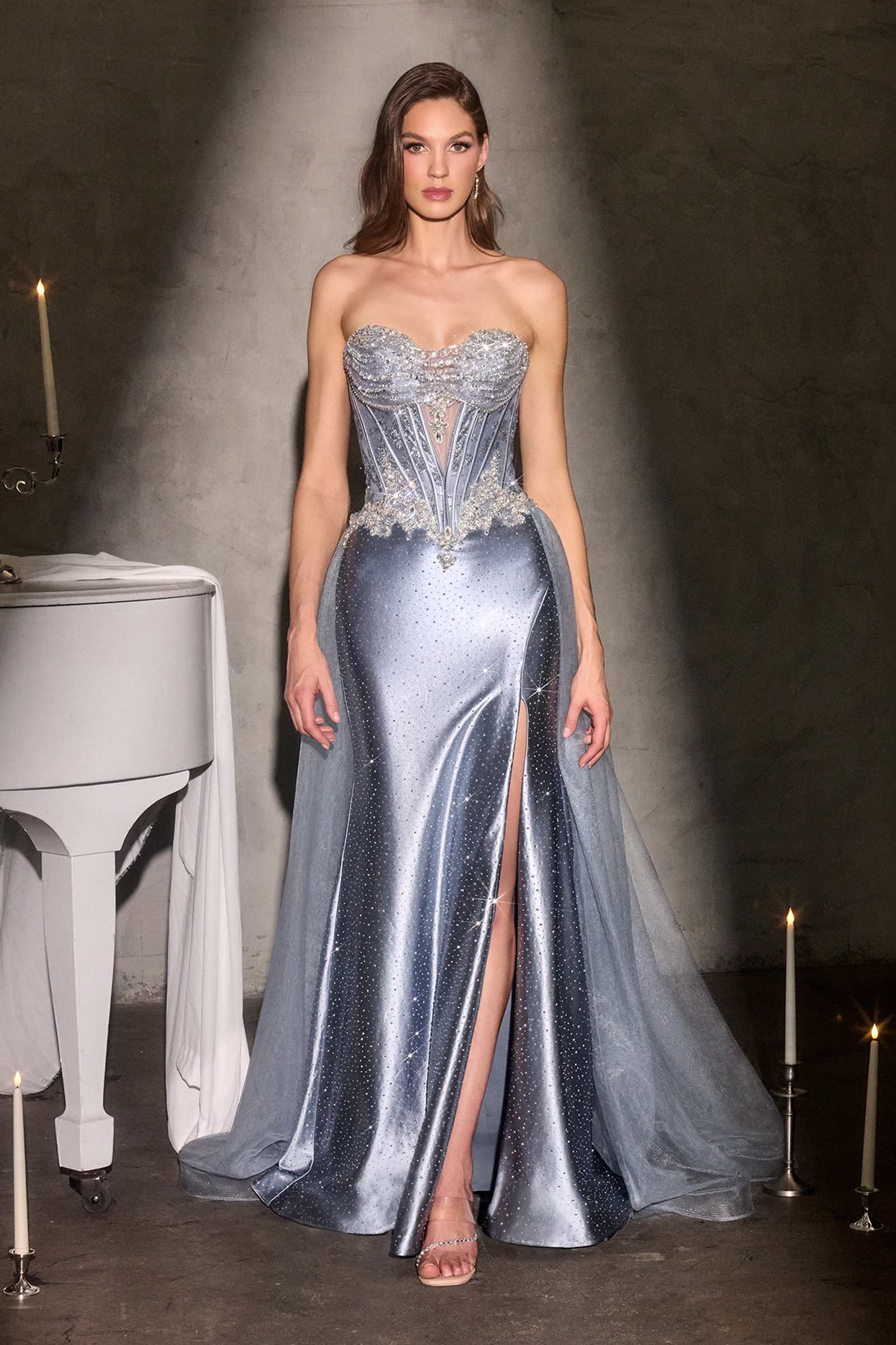 Dusty blue strapless corset gown with sparkling beading and fitted satin skirt