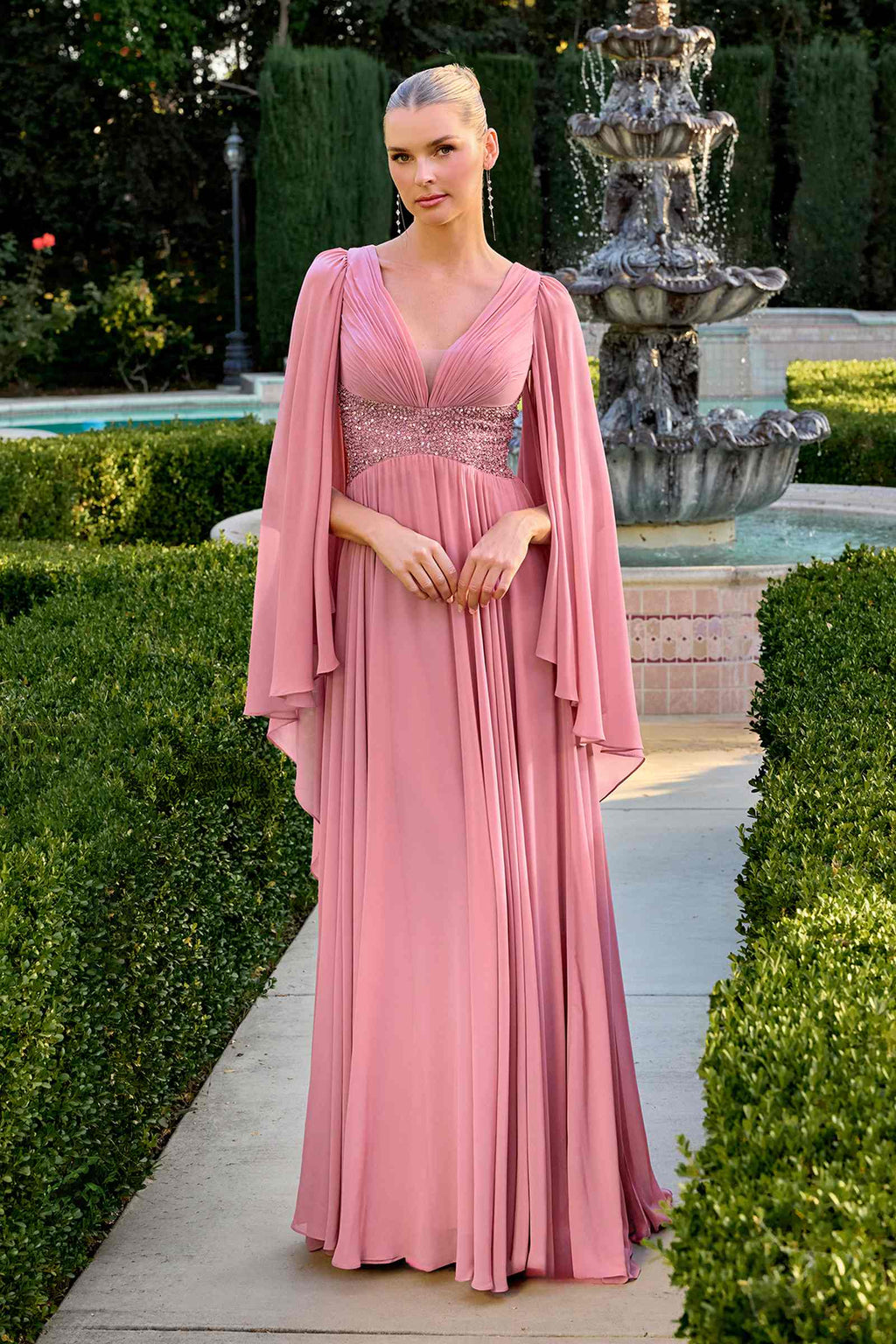 Dusty rose chiffon V-neck cape-sleeve gown with beaded bodice