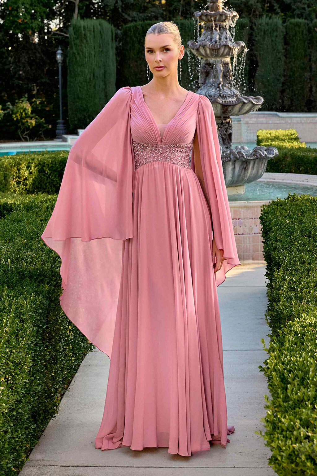 Dusty rose chiffon V-neck cape-sleeve gown with flowing draped sleeves