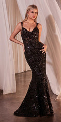 Black fitted sequin dress with V-neck and velvet-trim straps, mermaid hem