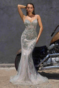 Silver fitted formal dress with crystal and sequin embellishment, mermaid silhouette