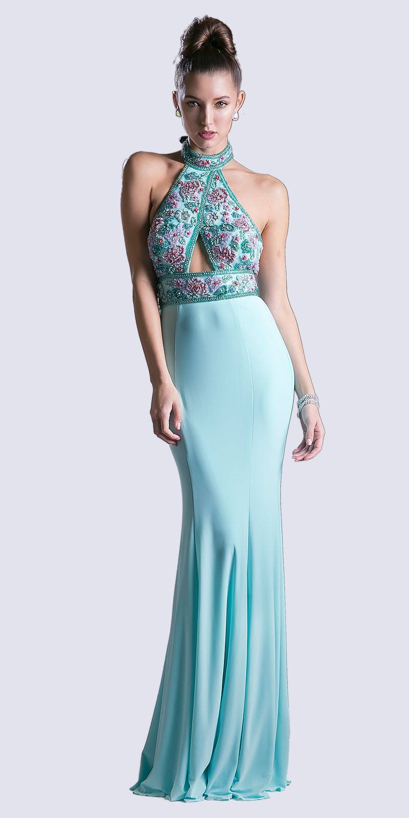Mint green long fitted gown with beaded halter neckline and draped skirt