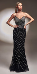 Black floor-length fitted beaded gown with spaghetti straps and V-neck, zigzag pattern