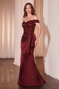 Off-shoulder burgundy formal dress with sequin bodice and draped satin skirt