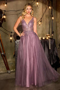 Lavender layered tulle ball gown with V-neck and sleeveless fitted bodice, A-line skirt