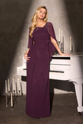 Eggplant chiffon MOB dress with 3/4 cape sleeves and long column silhouette