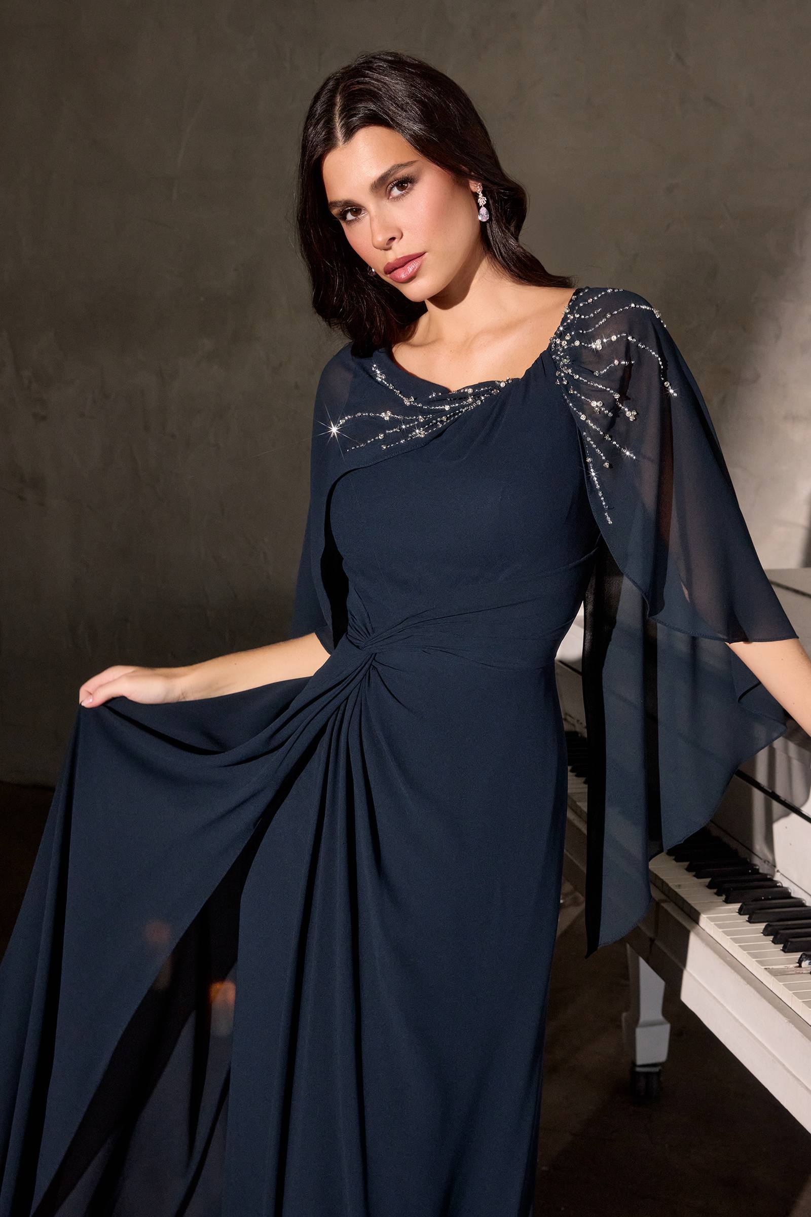 Navy chiffon MOB dress with draped cape sleeves and flowing long skirt