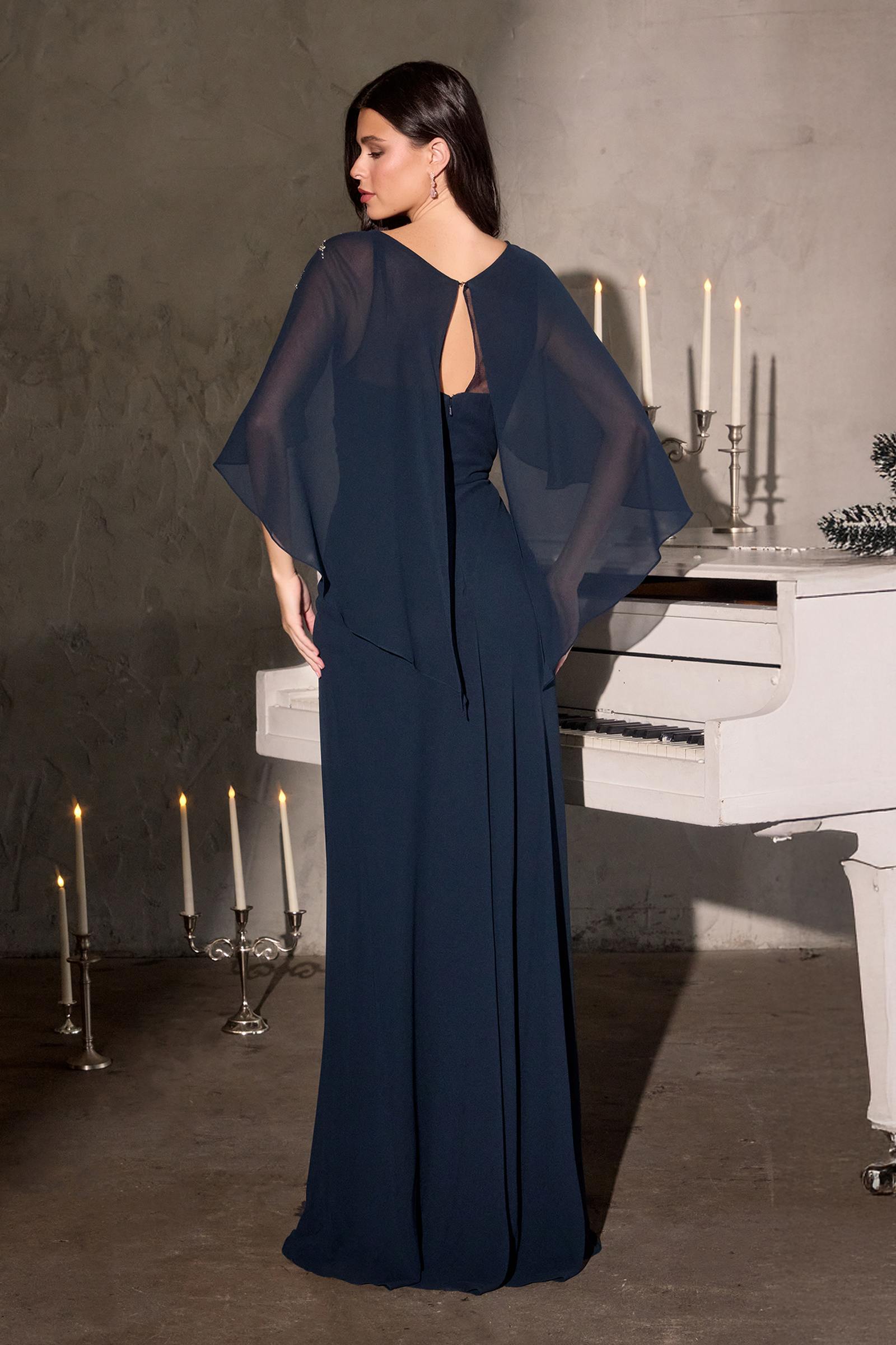 Navy chiffon MOB dress back with sheer cape sleeves and keyhole neckline