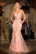 Dusty pink fitted evening dress with V-neck, floral appliqué, sheer tulle mermaid hem