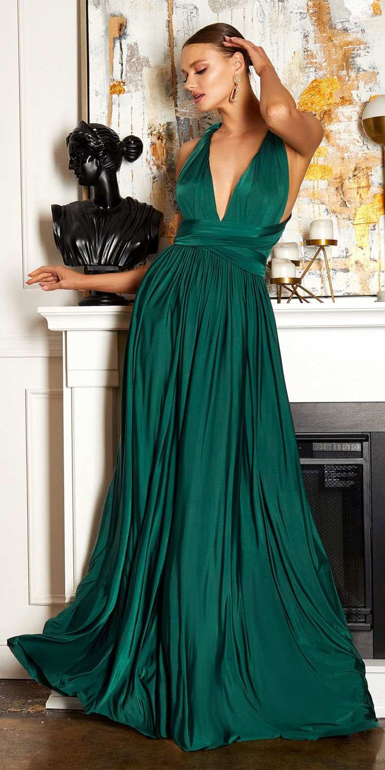 Emerald green sleeveless halter maxi dress with draped bodice and pleated skirt
