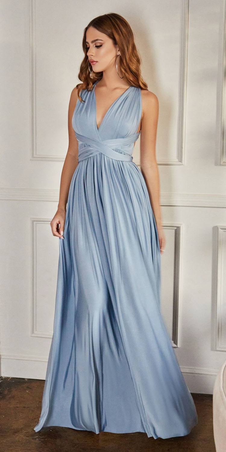 Sleeveless V-neck light blue maxi dress with draped bodice and soft pleated skirt