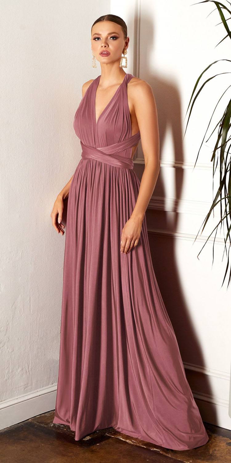 Sleeveless V-neck mauve maxi dress with ruched waist and gathered pleated skirt