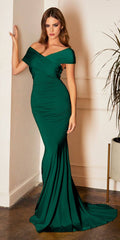 Emerald green off-shoulder ruched mermaid evening dress with short sleeves