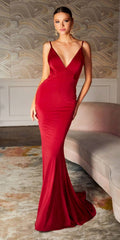 Burgundy fitted mermaid evening dress, V-neck and thin spaghetti straps