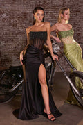 Black strapless evening gown with jeweled sheer bodice and high side slit skirt