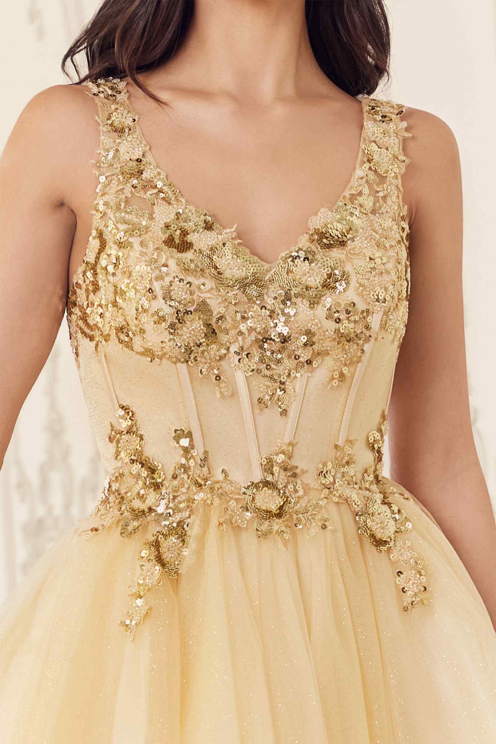 Champagne sequin and beaded A-line short dress bodice close-up