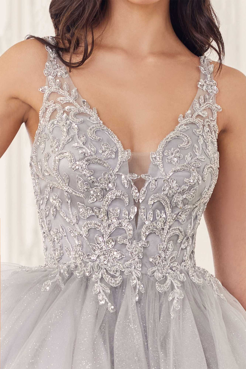 Beaded V-neck A-line layered tulle bodice and skirt, silver