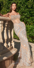 Embellished strapless evening dress, nude base with silver crystal sparkle, side view