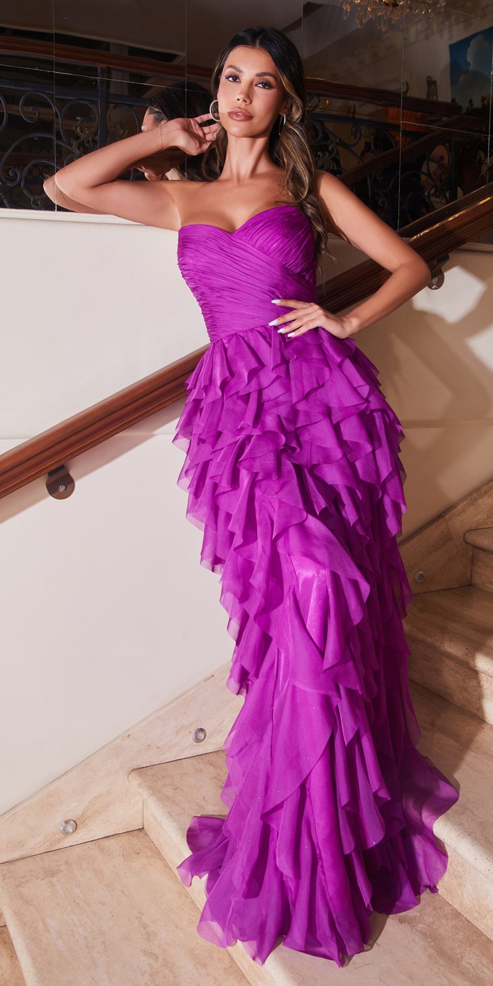 Purple strapless ruffled A-line dress with tiered layered skirt