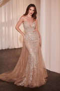 Strapless crystal-embellished gown with pearl detail and nude overskirt, front view
