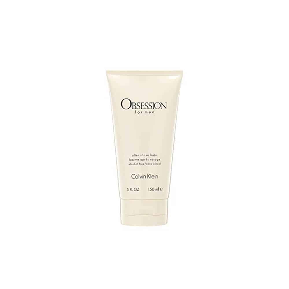 Calvin Klein Obsession for Men after shave balm tube, cream label on light beige tube.