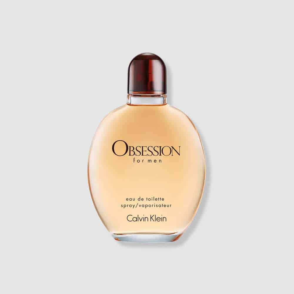 Calvin Klein Obsession for men eau de toilette bottle, amber glass, dark red cap